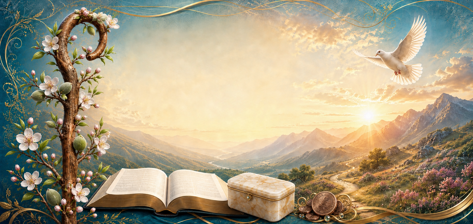 Almond blossoms and buds around an ornate shepherd’s rod, an open Bible, an alabaster vessel, copper penny treasure, a dove, and a sunrise mountain path